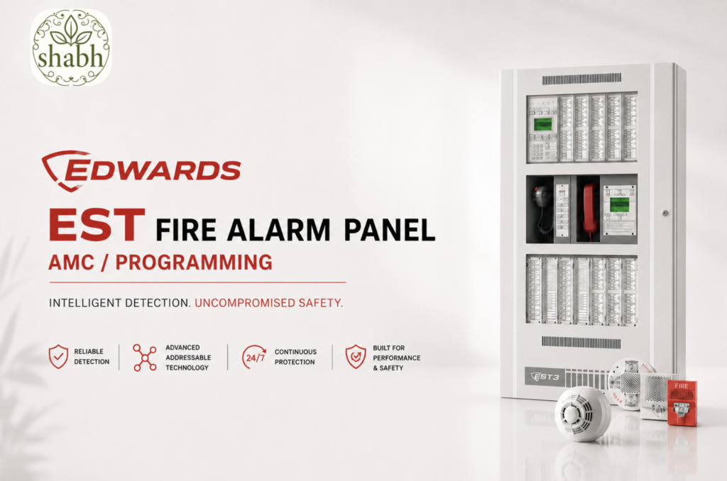 An open Edwards EST fire alarm control panel displaying its modular internal architecture, addressable loop wiring, and digital interface for fire safety.