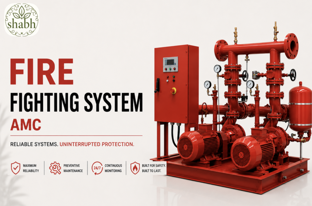 Red diesel engine fire pump and interconnected water piping system for a commercial fire fighting fire safety setup.