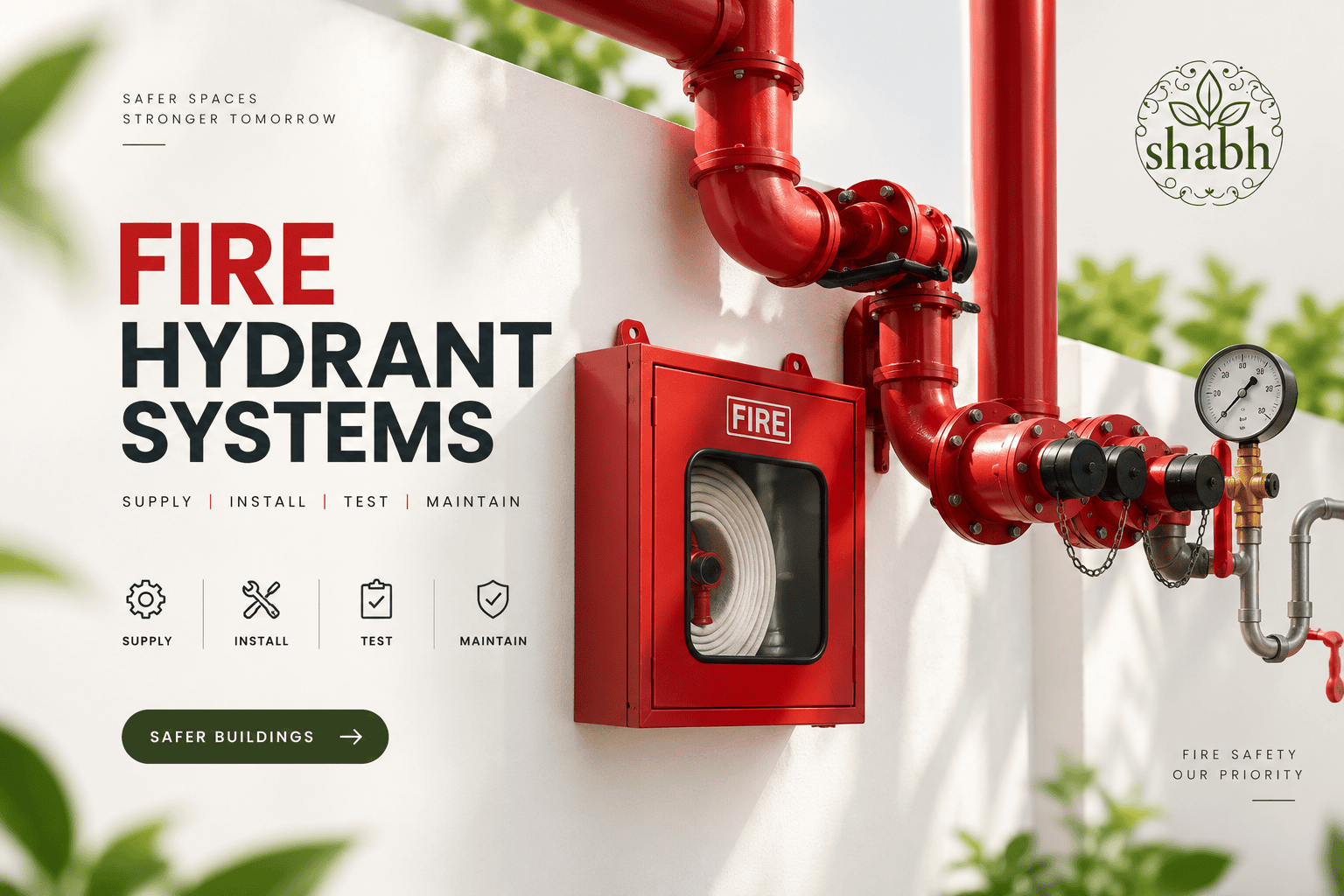 A red commercial fire hydrant system featuring water piping, a pressure gauge, and a wall-mounted fire hose reel cabinet.