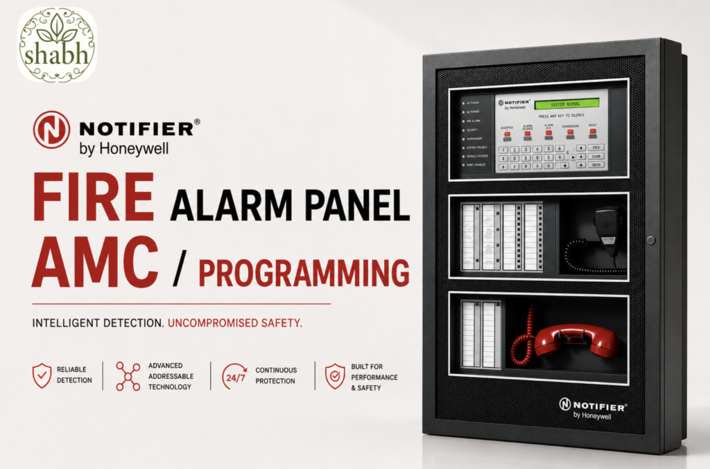 Graphic showing a technician working on an open electrical cabinet next to a Notifier fire alarm control panel, with text highlighting Notifier Fire Alarm Panel AMC and Programming services for fire safety.