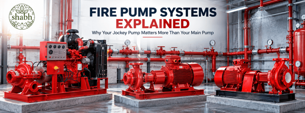Fire pump room showing jockey pump, main fire pump, diesel standby pump, and controller panel for a commercial fire suppression system