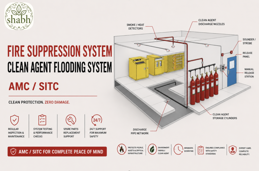 Diagram of a clean agent total flooding fire suppression system protecting a commercial room, showing red gas storage cylinders and ceiling-mounted discharge piping for fire safety.